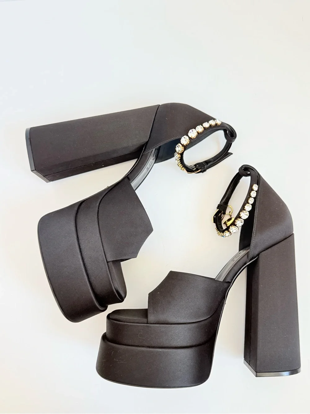 NEW Versace Medusa Crystal Open Toe Platform Sandals Black Satin Block Heels 38